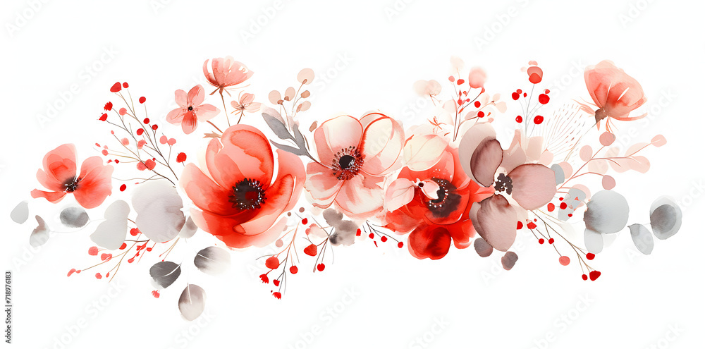 Obraz premium Delicate and artistic floral watercolor design featuring red and pink poppies with accents of gray leaves and red berries