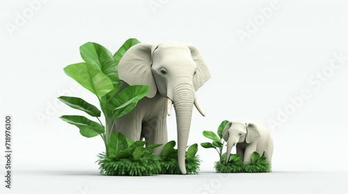 3d render two elephants big and small green plant