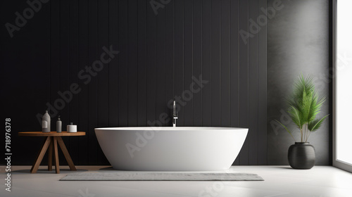 Minimalist bathroom with dark vertical panels and contrasting white freestanding tub. Modern simplicity. Generative AI