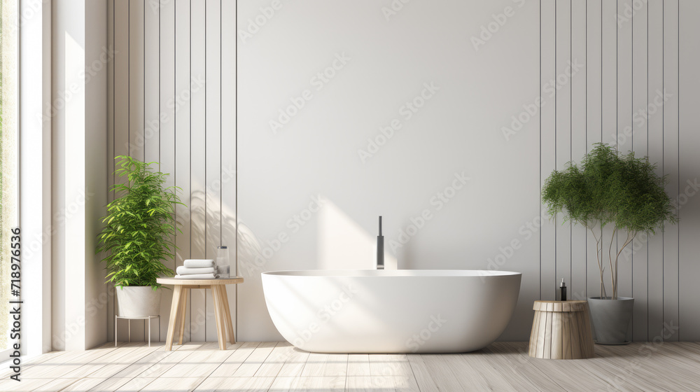 Modern bathroom with vertical lines and greenery. Clean aesthetic and ...