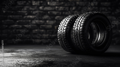 Car tires close-up with detailed tread texture on a dark background. Durability concept. Generative AI photo