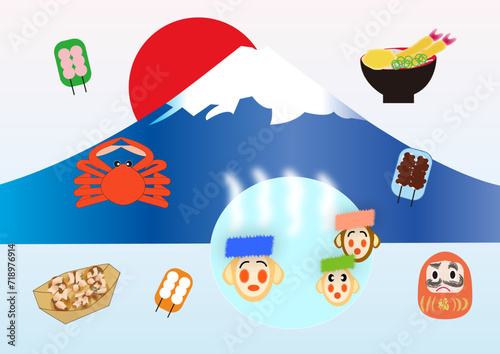 日本に旅行を考えている人むけのイラスト　富士山や温泉や天丼や夕陽やかにやだんごやたこ焼きやだるま　　　