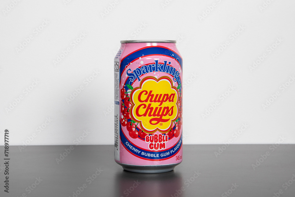 Chupa Chups carbonated soft drink with cherry chewing gum flavor on