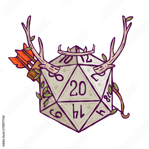 Dice for playing DnD. Druid character. Tabletop role-playing game Dungeon and dragons with horned d20. Magical role of ranger