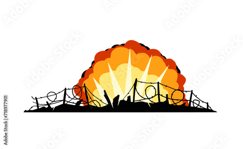 Barbed wire. Scenery of modern military conflict. Comic boom explosion. Big cartoon fireball. Fire bang and exploding. Silhouette of military barricades. Defensive fortifications.