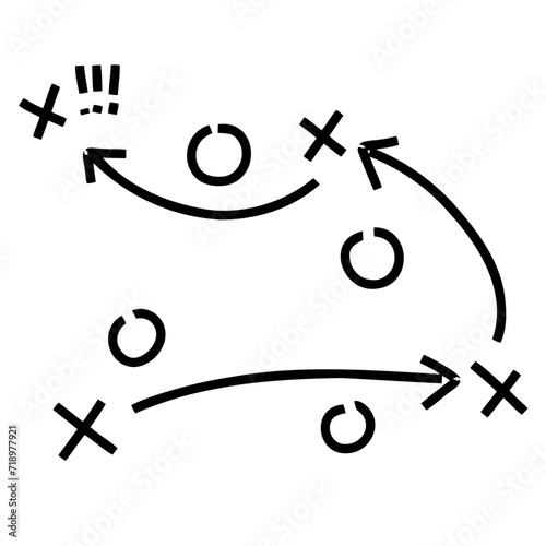 Sports tactics and strategy. Scheme of movement of team player. Combination of crosses and circles with path arrows. Pitch ball instructions.