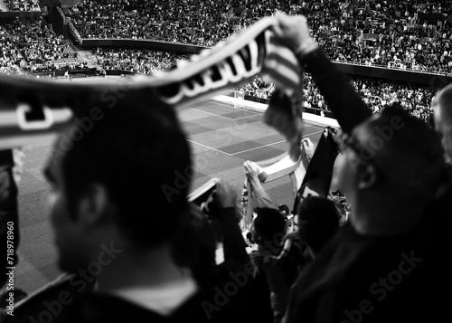 Generic football fans chanting for their team with no visible logo or sponsor. looking through fans in the foreground to the pitch and goal. black and white, bokeh of scarf in foreground focus in back