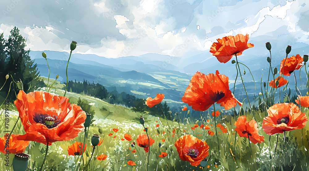 Obraz premium Poppy Mountain Landscape: Bright Red Poppies Amidst Rolling Hills, wild poppies flourishing in a scenic mountain meadow