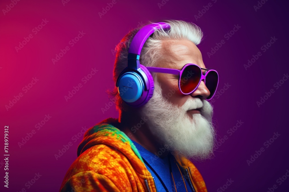 Portrait of an old man with a white beard and mustache listening to music with headphones on a purple background. Music Streaming Service Concept with Copy Space.