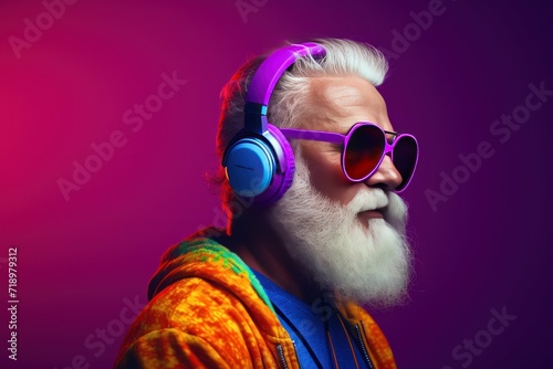 Portrait of an old man with a white beard and mustache listening to music with headphones on a purple background. Music Streaming Service Concept with Copy Space. © John Martin