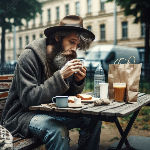A vagrant, homeless, miserable man eating in the park, sitting at a wooden table