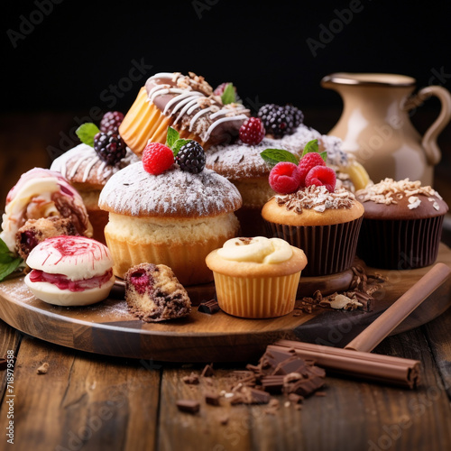 Sweet dessert Various piece of cakes muffins