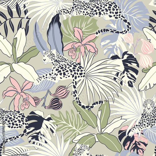animalistic seamless vector pattern with leopards in the tropics