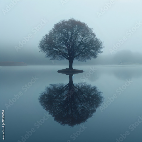 tree on the lake in the fog  minimalistic nature view