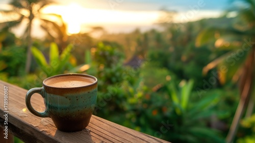 A cup of cappuccino against the background of tropical leaves of Bali. Dawn on the island.