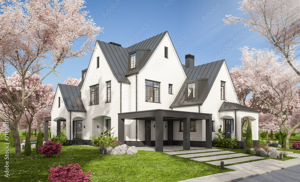 3d rendering of cute cozy white and black modern Tudor style house with parking and pool for sale or rent. Fresh spring day with a blooming trees with flowers of sakura. 3d rendering of cute cozy white and black modern Tudor style house with parking and pool for sale or rent. Fresh spring day with a blooming trees with flowers of sakura.