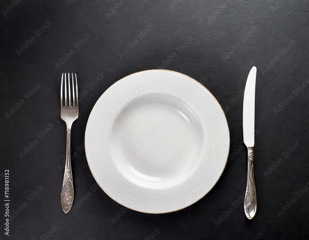 a white plate on a black background. top view a white plate on a black background. top view