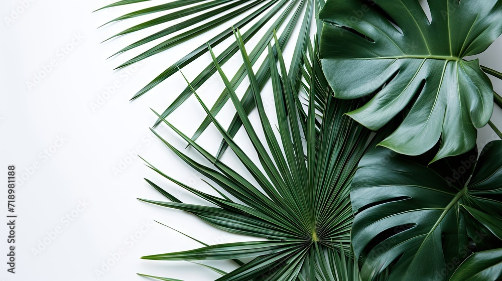 Fototapeta premium Top view of tropical palm leaves branch and swiss cheese plant isolated on white background with copy space.
