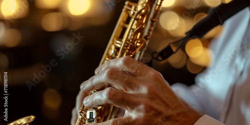  Musician's fingers on the saxophone. The concept of a jazz concert, street music, music festival, corporate event, chamber performance.