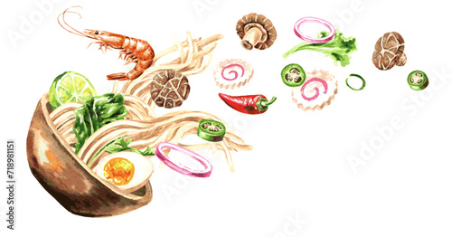 Asian soup Ramen Hand drawn watercolor illustration  isolated on white background