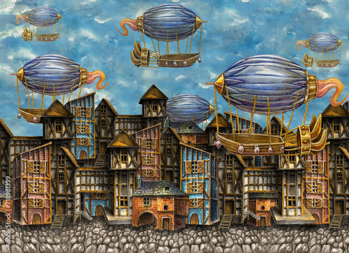 Beautiful drawing of a medieval city with airships against the sky. Vintage houses. Watercolor drawing fantasy, science fiction.
