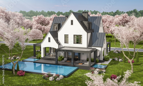 Photography 3d rendering of cute cozy white and black modern Tudor style house with parking  and pool for sale or rent