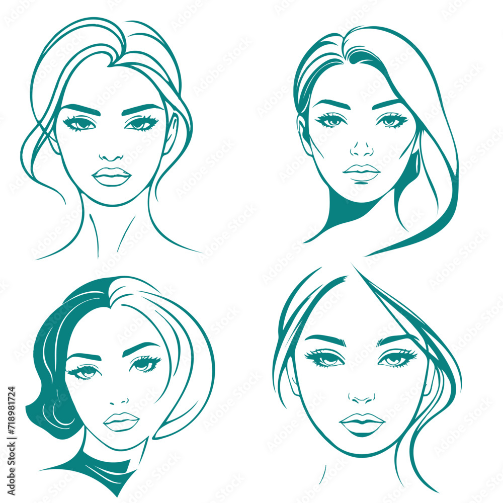 set of girl face art, woman portrait line art illustration set of girl face art, woman portrait line art illustration