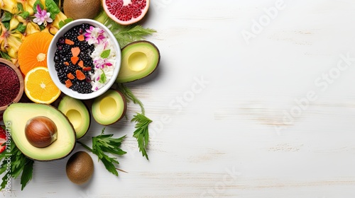 An overhead shot capturing a diverse selection of healthy foods  leaving room for text. light wooden background