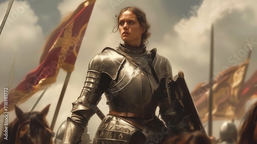 Female Knight in Armor, a Fearless Warrior Leading the Charge in a Medieval Battle