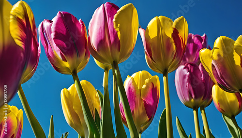 colorful tulips grow among green leaves against a blue sky