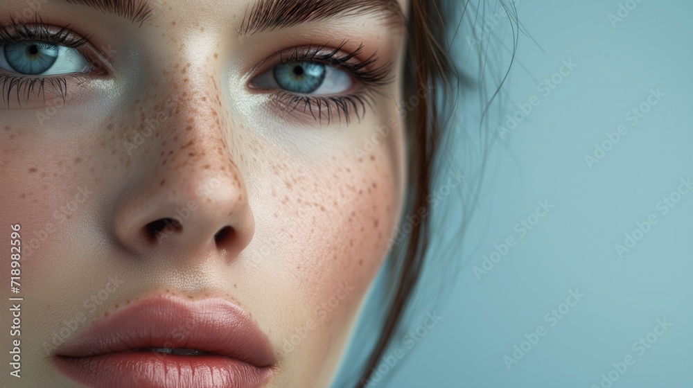 Fototapeta premium a macro close-up portrait of a face of a young white caucasian woman with perfect skin, freckles, natural make-up. Face details. Skin beauty and hormonal female health concept.