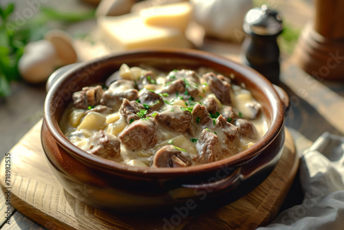 Creamy beef stroganoff with fresh greenery. Generative AI photo