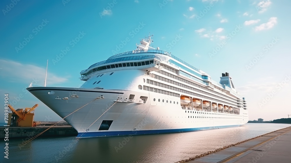 A modern, white cruise ship near the pier, side view. Travel and vacation
