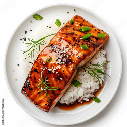 A plate of grilled salmon with teriyaki sauce and sesame seeds on White Background photo