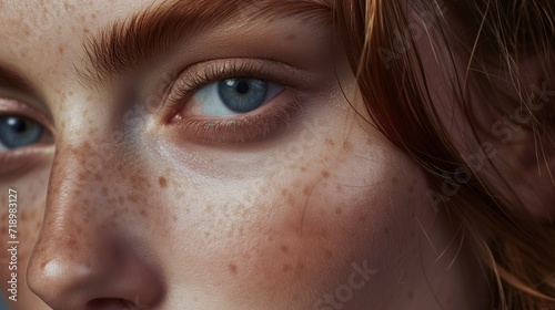 a macro close-up portrait of a face of a young white caucasian woman with perfect skin, freckles, natural make-up. Face details. Skin beauty and hormonal female health concept.