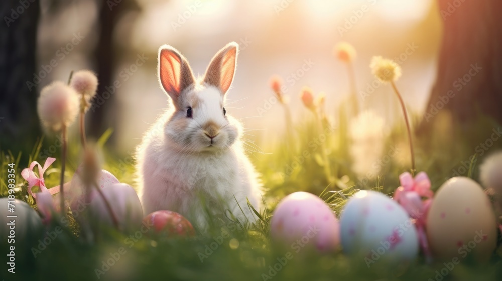 Fototapeta premium Happy Easter. hare with pink bow, ribbon and painted eggs on grass. tradition of looking for colorful eggs. copy space