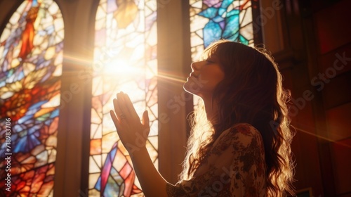 girl in church. a young woman prays near a stained glass window. faith hope. man folded his hands in prayer
