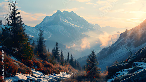 Stunning winter landscape with a snow-capped mountain illuminated by the morning sun, surrounded by a lush evergreen forest and gentle mist for added beauty photo