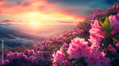 Attractive summer sunset with pink flowers