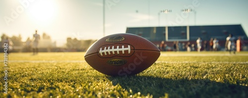 Ball for american football in amazing green grass of american football field . photo
