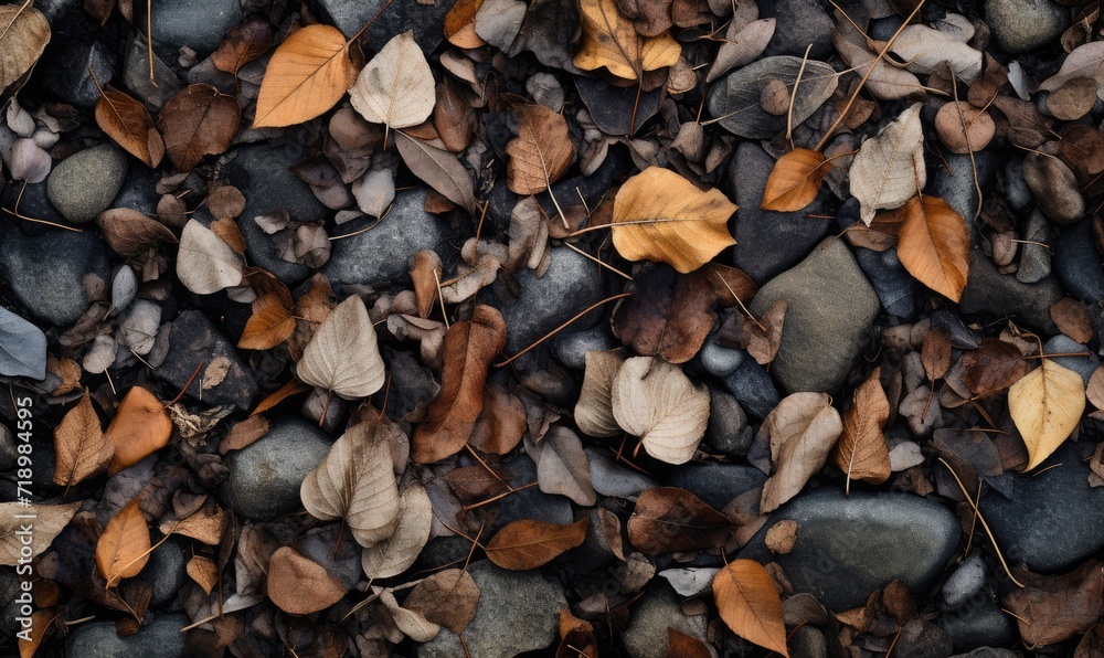Dry leafs, small stones and twigs are scattered around on the ground, large scale, top view, detailed texture. Dry leafs, small stones and twigs are scattered around on the ground, large scale, top view, detailed texture.