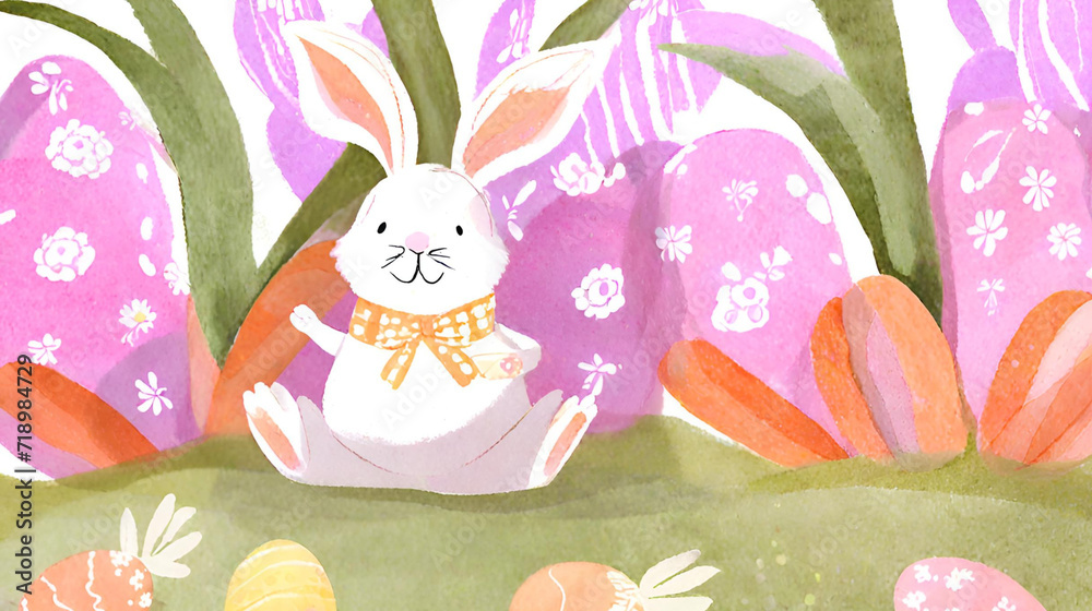 Obraz premium Watercolor Easter Bunny and Easter Eggs Background