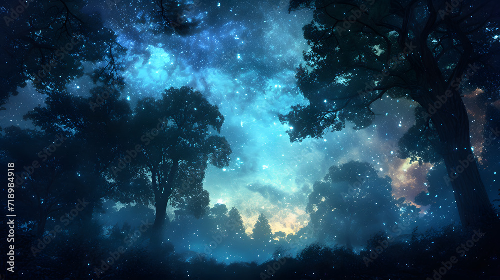 Celestial Symphony: Enchanting Night Sky and Majestic Forest Silhouettes