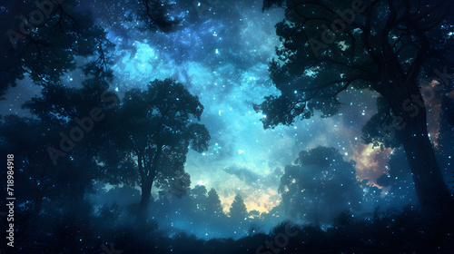Celestial Symphony: Enchanting Night Sky and Majestic Forest Silhouettes