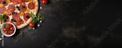 A traditional delicious italian pizza with ingredients on black background, top view. © Daniela
