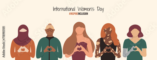 IWD Inspire Inclusion 2024 banner. Diversity Girls with prosthesis and vitiligo, various age and color International Women's Day. Multiracial group disabled, different figure woman InspareInclusion photo