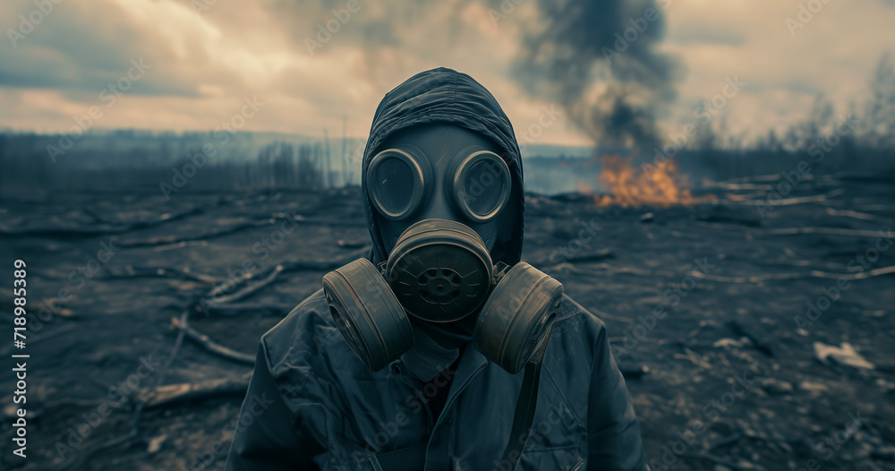 Survivor in a Post-Apocalyptic Wasteland. A solitary figure in a gas mask surveys a desolate, charred landscape, with fire and smoke in the background.
Survivor in a Post-Apocalyptic Wasteland. A solitary figure in a gas mask surveys a desolate, charred landscape, with fire and smoke in the background.