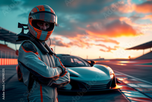 Race Car Driver Portrait at Sunset on Track. A confident race car driver stands arms crossed on the racetrack with a sleek sports car and sunset in the background. photo