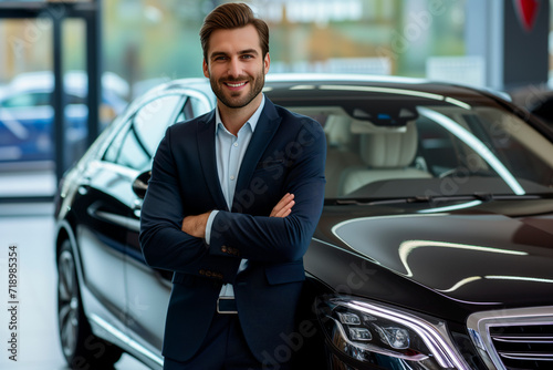 Confident Businessman at Car Dealership. Suave salesman in a suit, arms crossed, with a luxury car. © GustavsMD