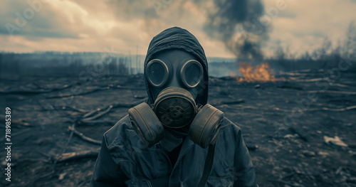 Survivor in a Post-Apocalyptic Wasteland. A solitary figure in a gas mask surveys a desolate, charred landscape, with fire and smoke in the background. 